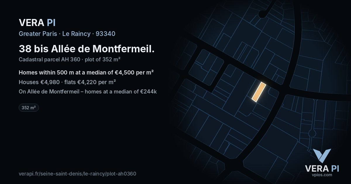 38 bis Allée de Montfermeil, Le Raincy at night – the plot lit, the parcels around coloured by the prices near them