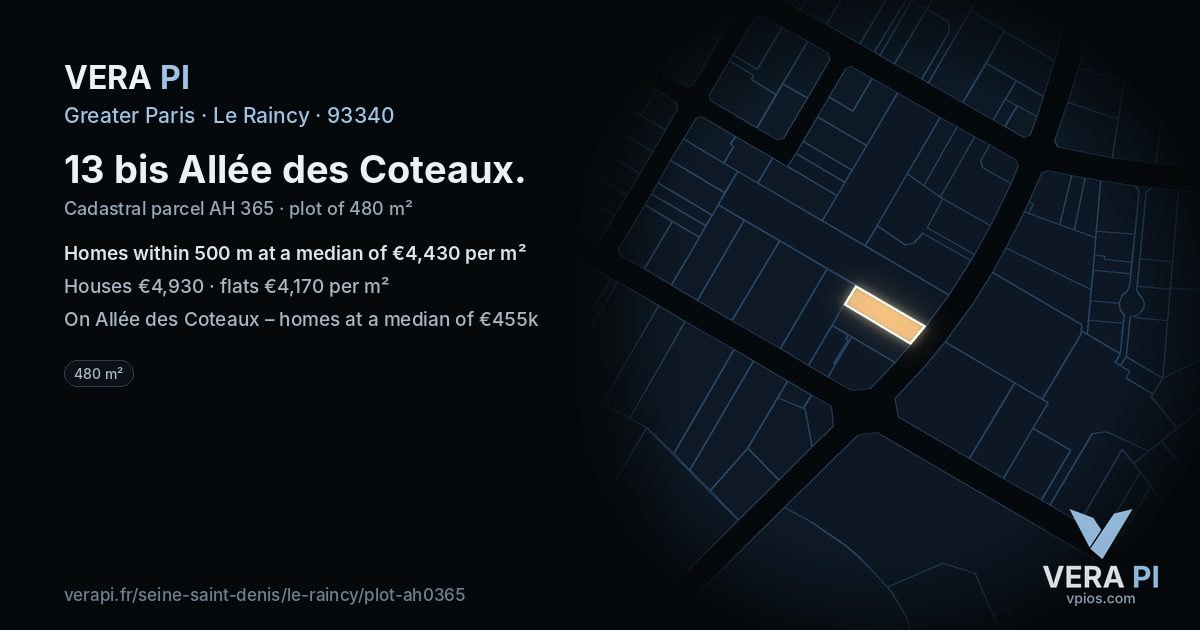 13 bis Allée des Coteaux, Le Raincy at night – the plot lit, the parcels around coloured by the prices near them