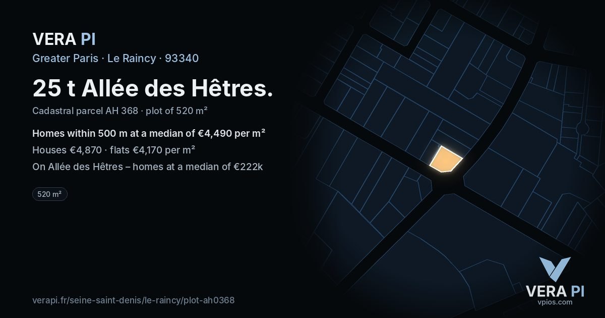 25 t Allée des Hêtres, Le Raincy at night – the plot lit, the parcels around coloured by the prices near them