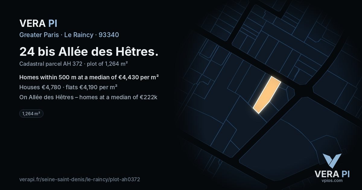24 bis Allée des Hêtres, Le Raincy at night – the plot lit, the parcels around coloured by the prices near them