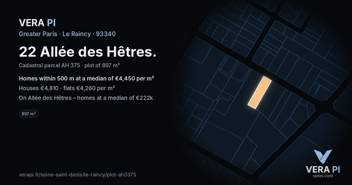 22 Allée des Hêtres, Le Raincy at night – the plot lit, the parcels around coloured by the prices near them