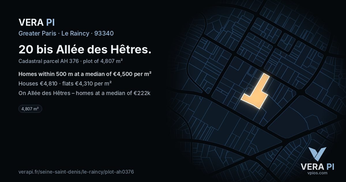 20 bis Allée des Hêtres, Le Raincy at night – the plot lit, the parcels around coloured by the prices near them