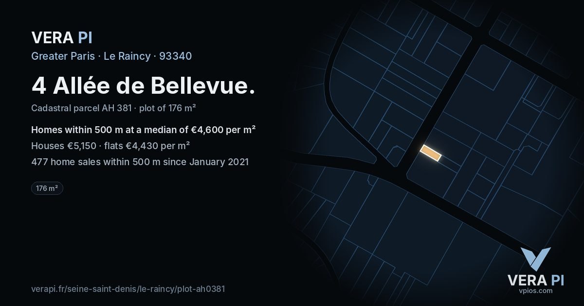 4 Allée de Bellevue, Le Raincy at night – the plot lit, the parcels around coloured by the prices near them