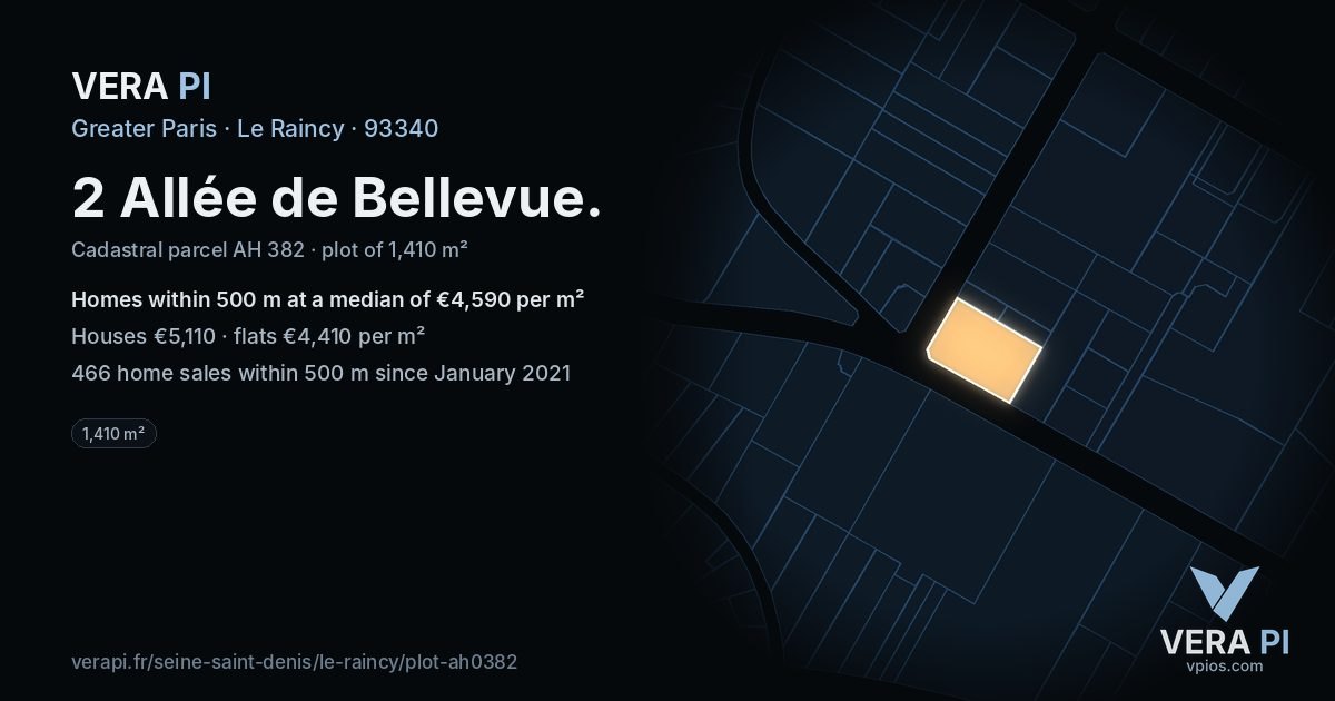 2 Allée de Bellevue, Le Raincy at night – the plot lit, the parcels around coloured by the prices near them