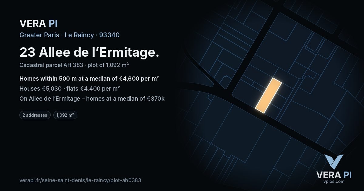 23 Allee de l’Ermitage, Le Raincy at night – the plot lit, the parcels around coloured by the prices near them