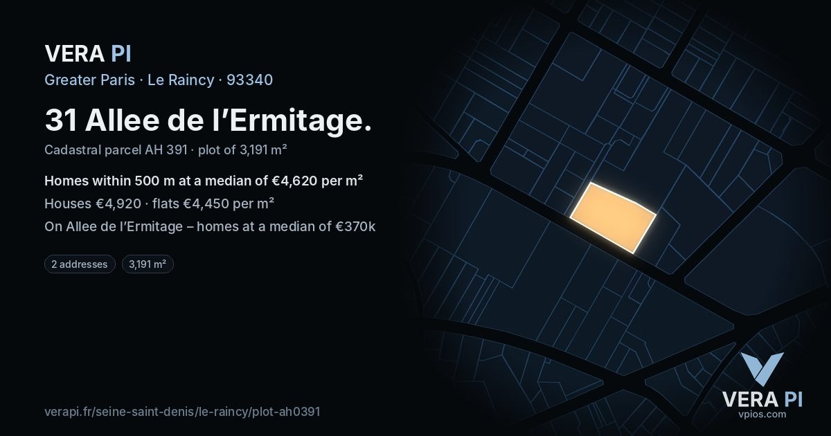31 Allee de l’Ermitage, Le Raincy at night – the plot lit, the parcels around coloured by the prices near them