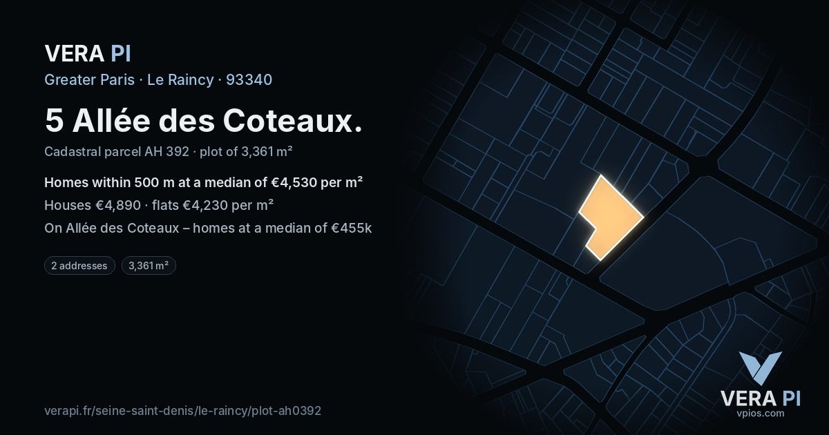 5 Allée des Coteaux, Le Raincy at night – the plot lit, the parcels around coloured by the prices near them