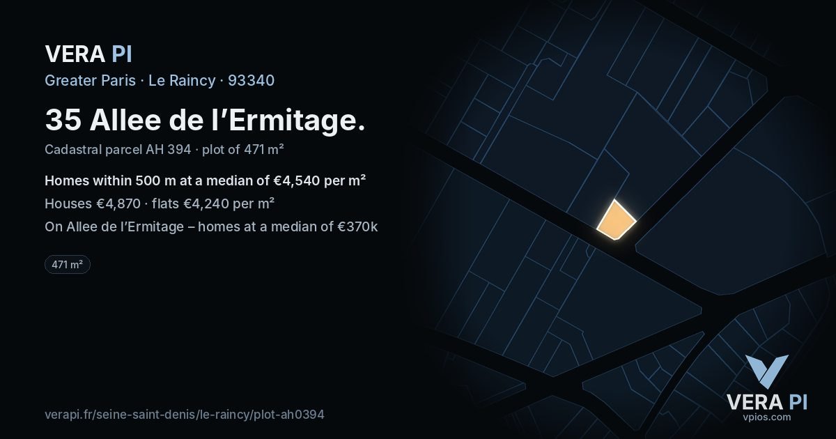 35 Allee de l’Ermitage, Le Raincy at night – the plot lit, the parcels around coloured by the prices near them