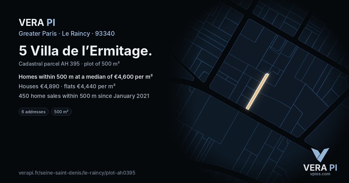 5 Villa de l’Ermitage, Le Raincy at night – the plot lit, the parcels around coloured by the prices near them