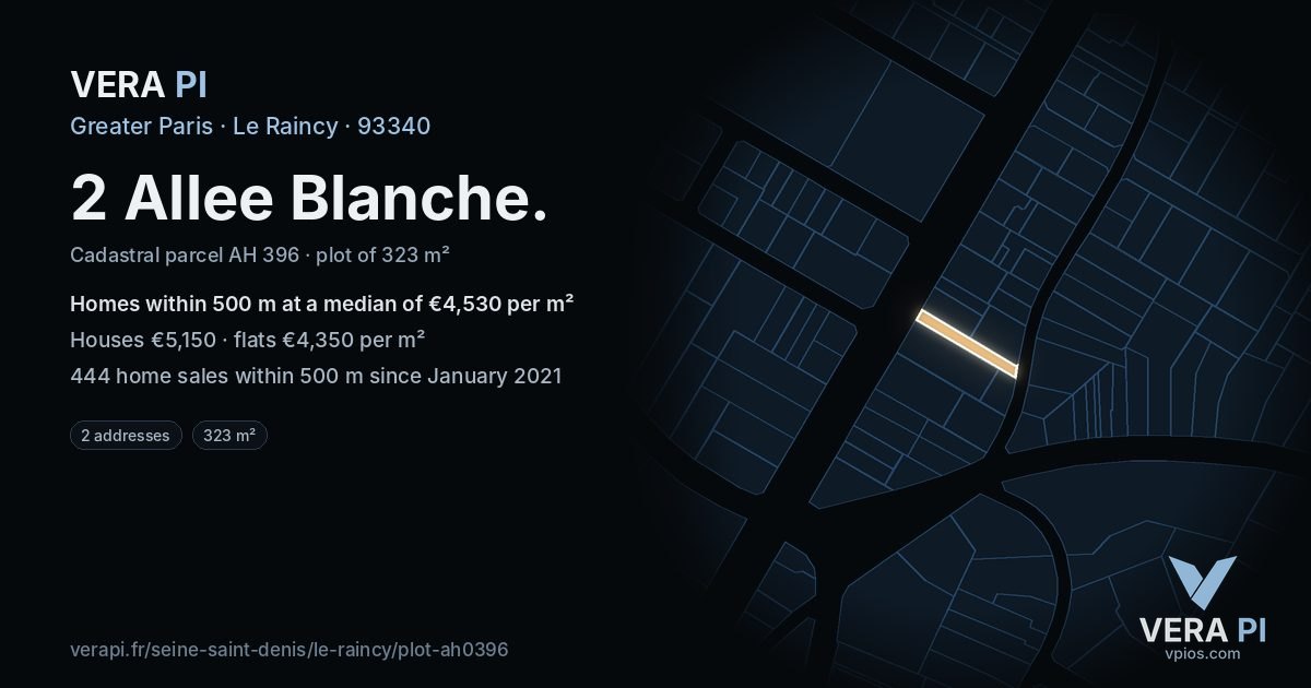 2 Allee Blanche, Le Raincy at night – the plot lit, the parcels around coloured by the prices near them