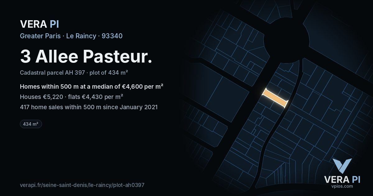 3 Allee Pasteur, Le Raincy at night – the plot lit, the parcels around coloured by the prices near them