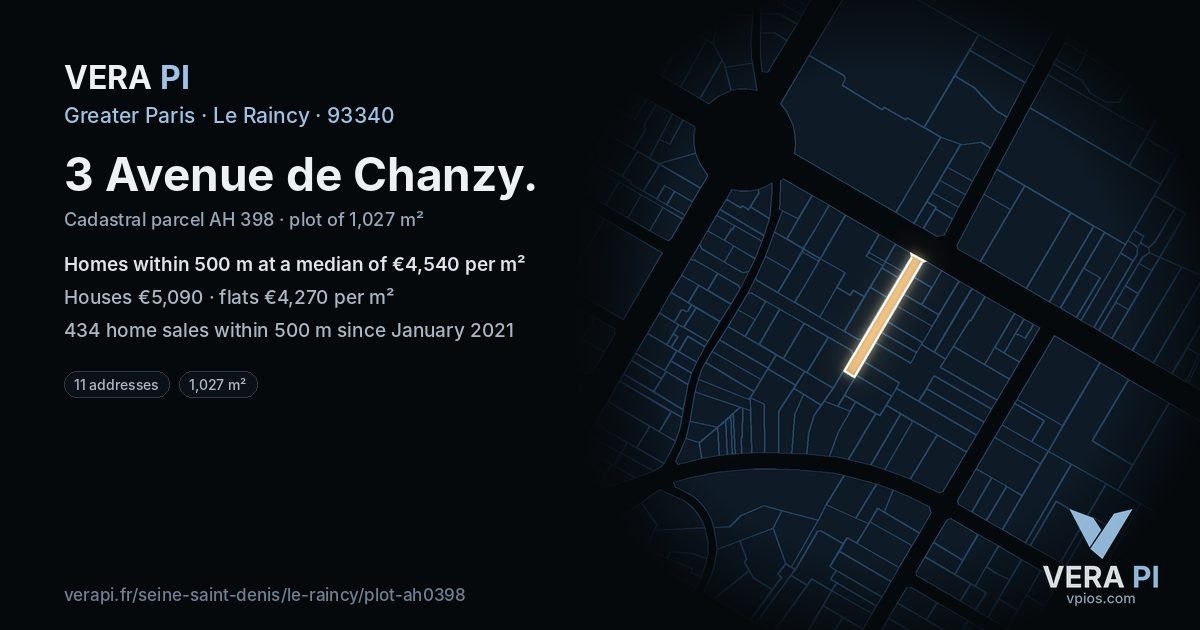 3 Avenue de Chanzy, Le Raincy at night – the plot lit, the parcels around coloured by the prices near them