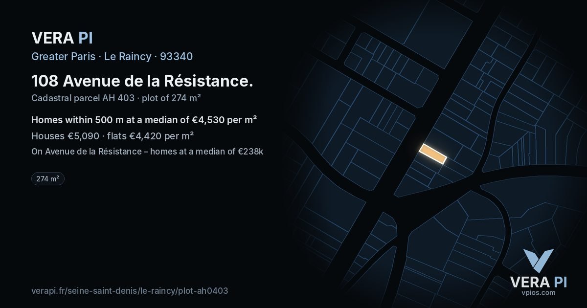 108 Avenue de la Résistance, Le Raincy at night – the plot lit, the parcels around coloured by the prices near them