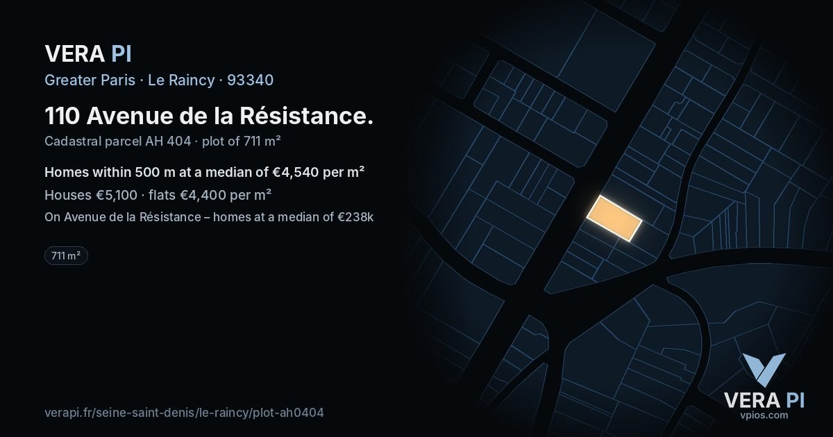 110 Avenue de la Résistance, Le Raincy at night – the plot lit, the parcels around coloured by the prices near them