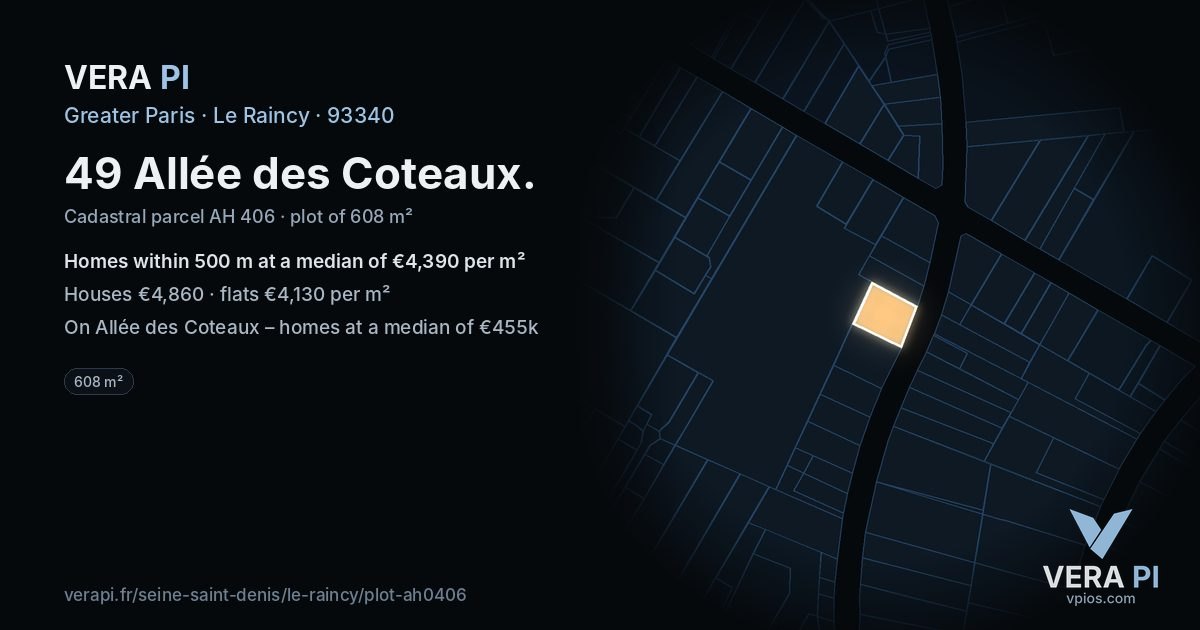 49 Allée des Coteaux, Le Raincy at night – the plot lit, the parcels around coloured by the prices near them