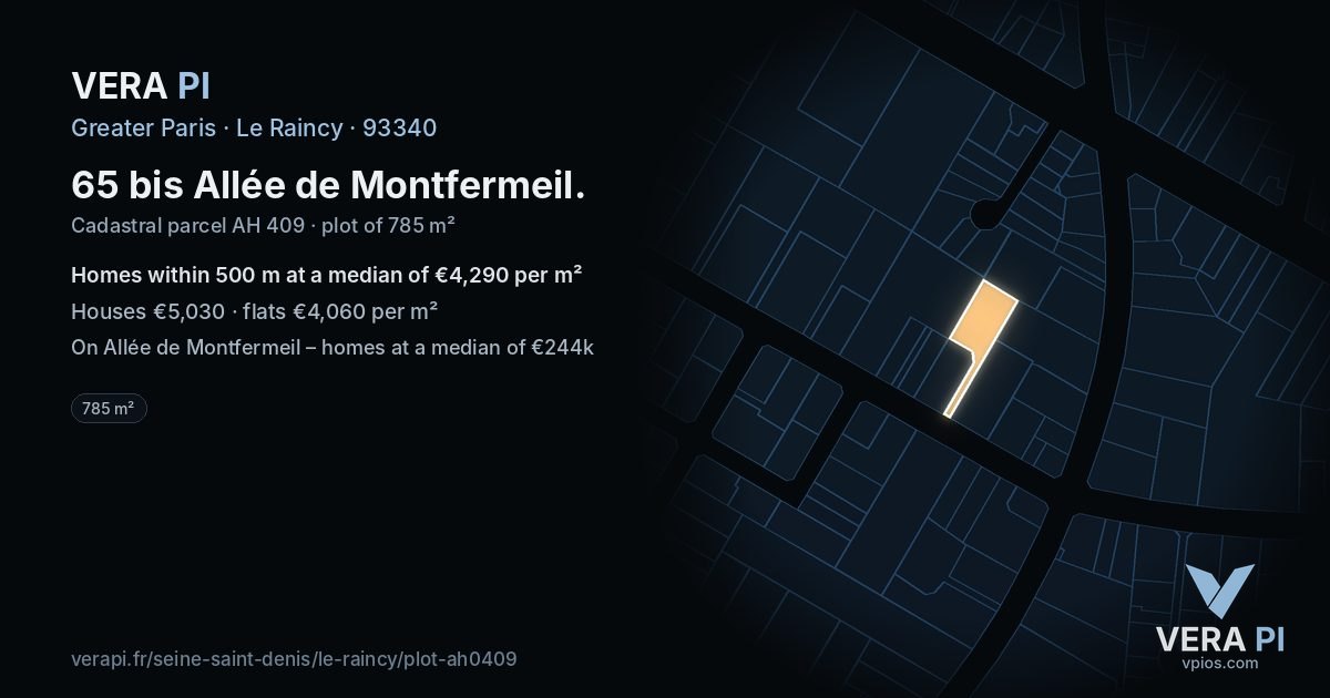65 bis Allée de Montfermeil, Le Raincy at night – the plot lit, the parcels around coloured by the prices near them