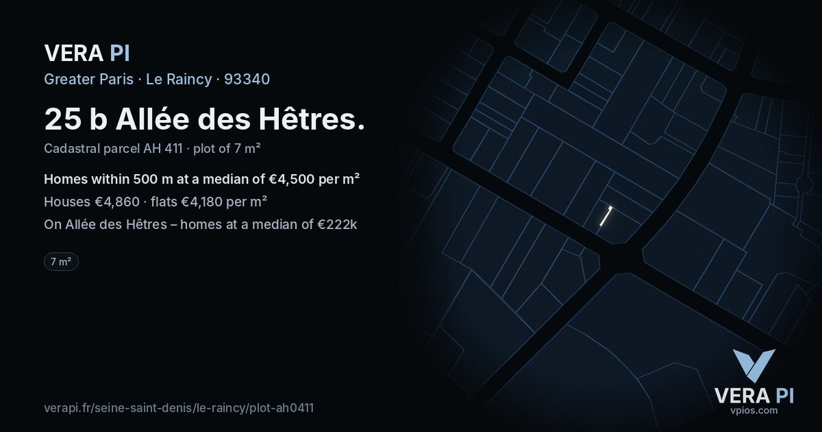 25 b Allée des Hêtres, Le Raincy at night – the plot lit, the parcels around coloured by the prices near them
