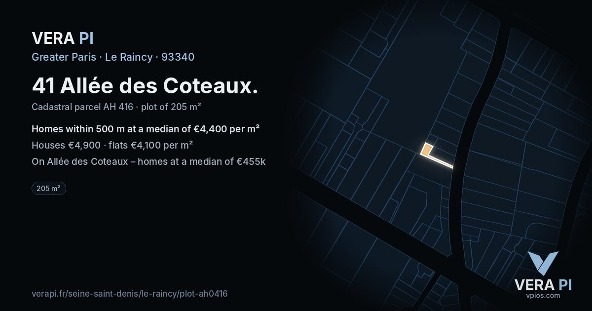 41 Allée des Coteaux, Le Raincy at night – the plot lit, the parcels around coloured by the prices near them
