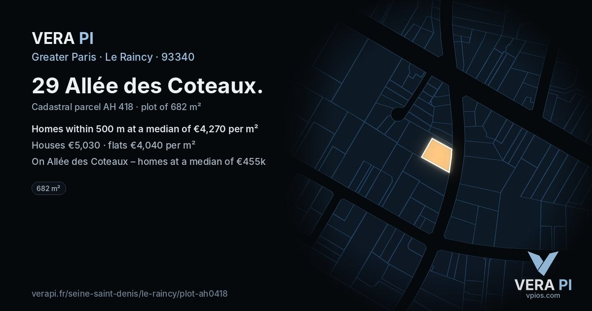 29 Allée des Coteaux, Le Raincy at night – the plot lit, the parcels around coloured by the prices near them