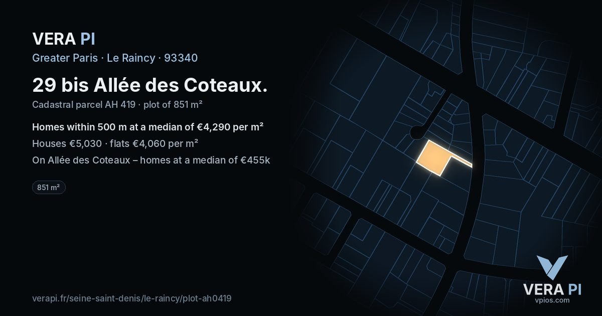 29 bis Allée des Coteaux, Le Raincy at night – the plot lit, the parcels around coloured by the prices near them