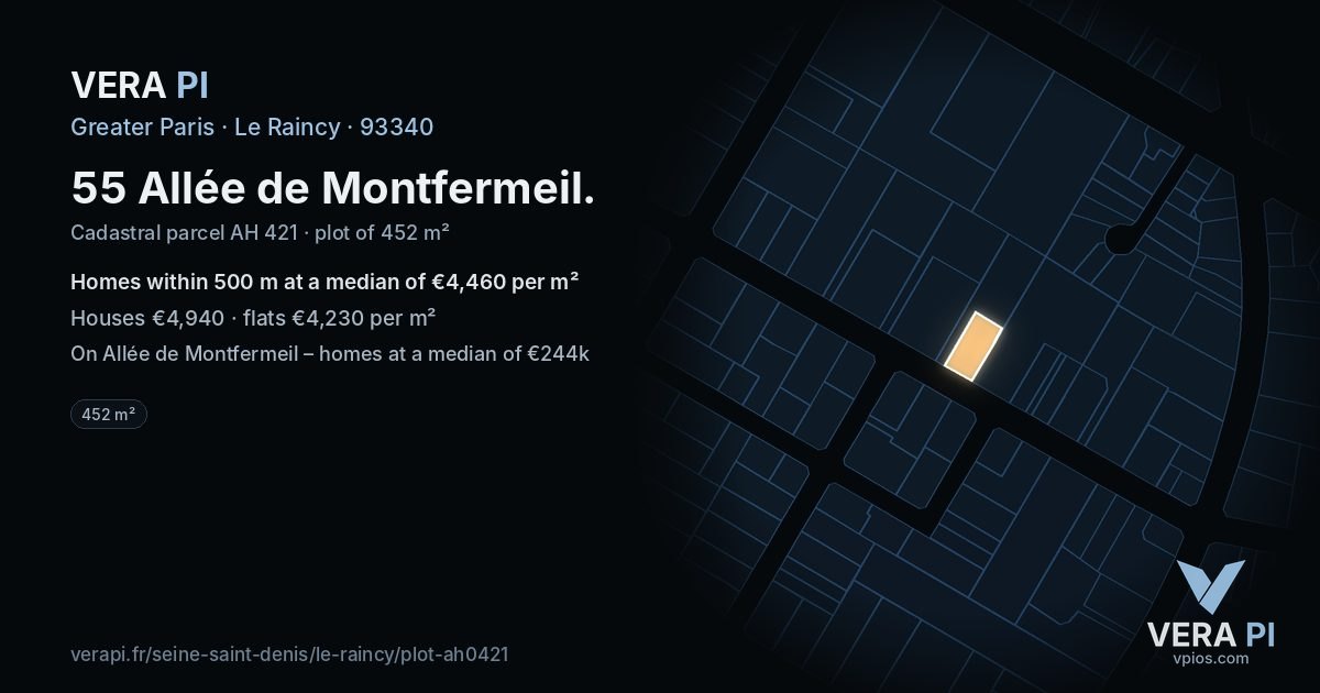 55 Allée de Montfermeil, Le Raincy at night – the plot lit, the parcels around coloured by the prices near them
