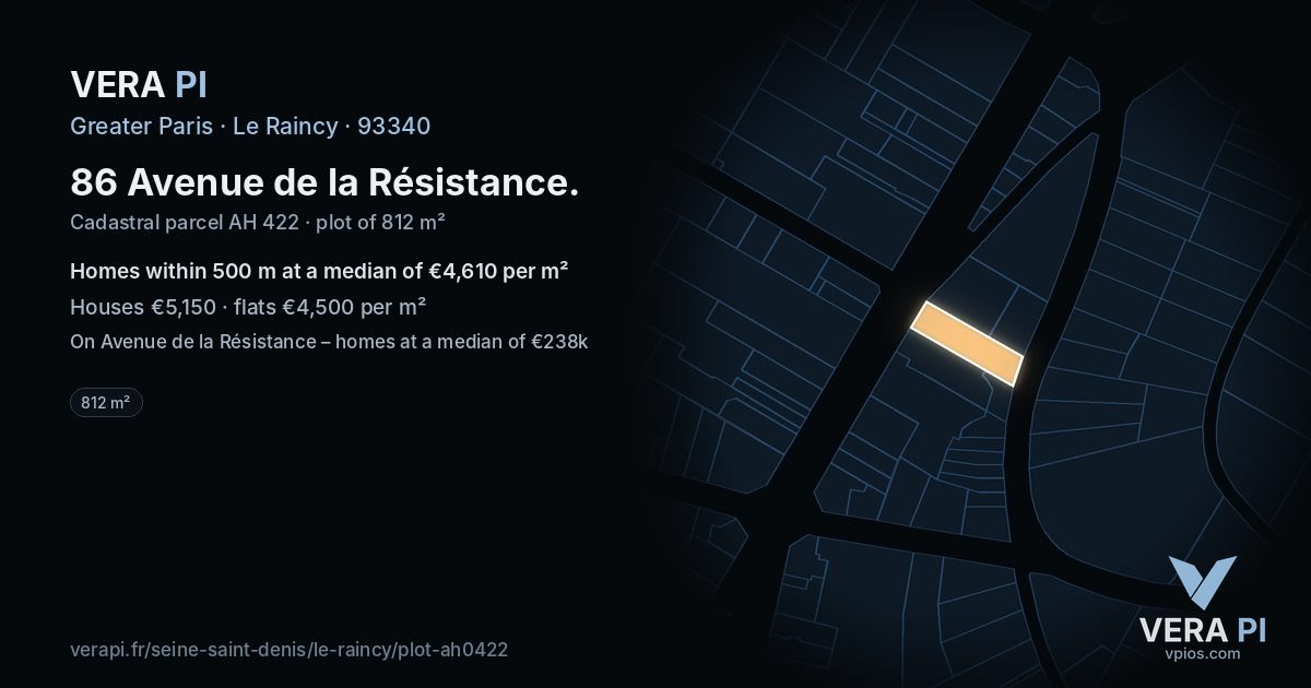 86 Avenue de la Résistance, Le Raincy at night – the plot lit, the parcels around coloured by the prices near them