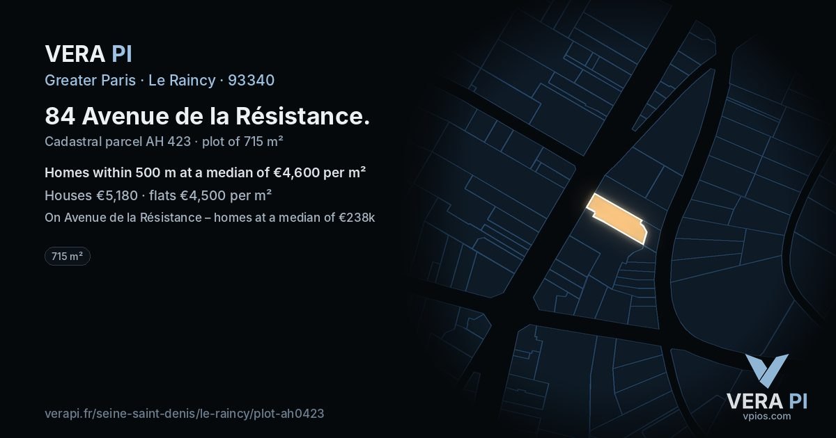 84 Avenue de la Résistance, Le Raincy at night – the plot lit, the parcels around coloured by the prices near them