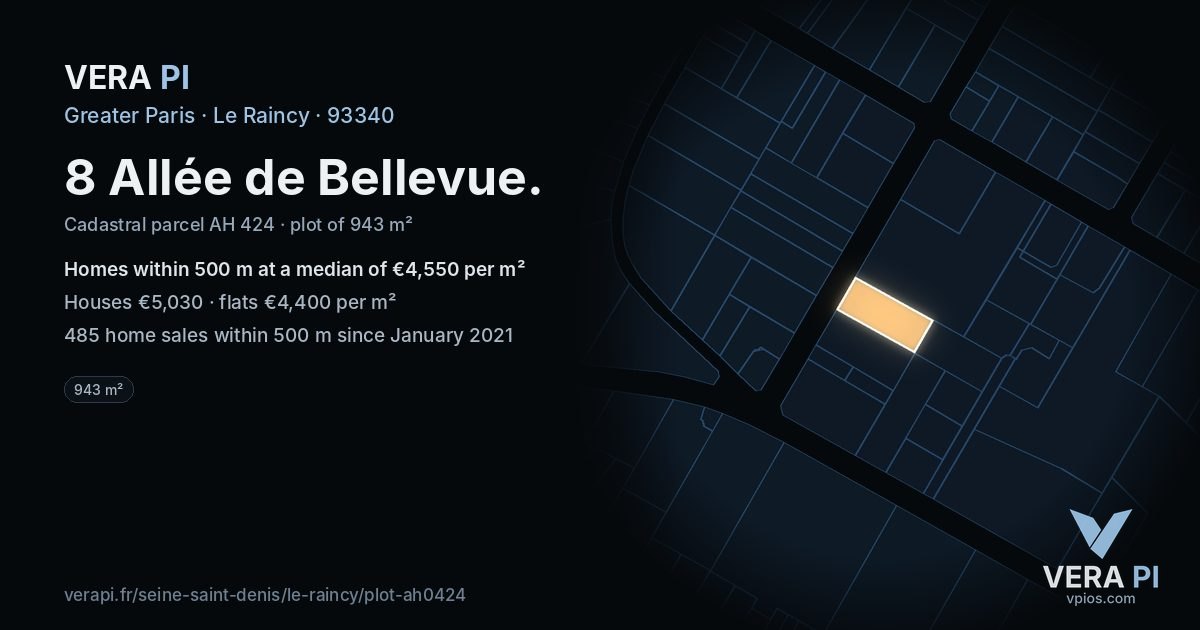 8 Allée de Bellevue, Le Raincy at night – the plot lit, the parcels around coloured by the prices near them