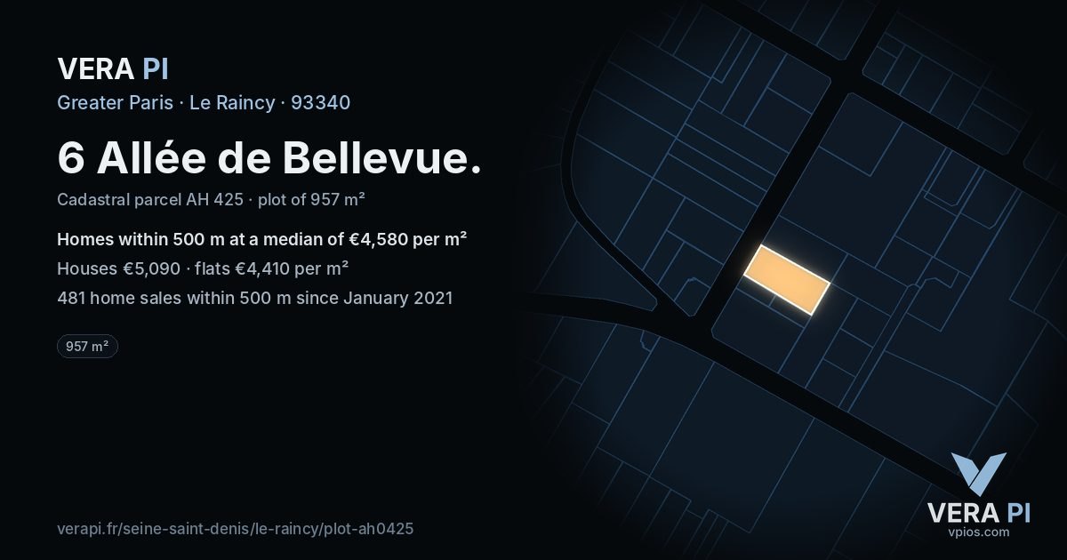 6 Allée de Bellevue, Le Raincy at night – the plot lit, the parcels around coloured by the prices near them
