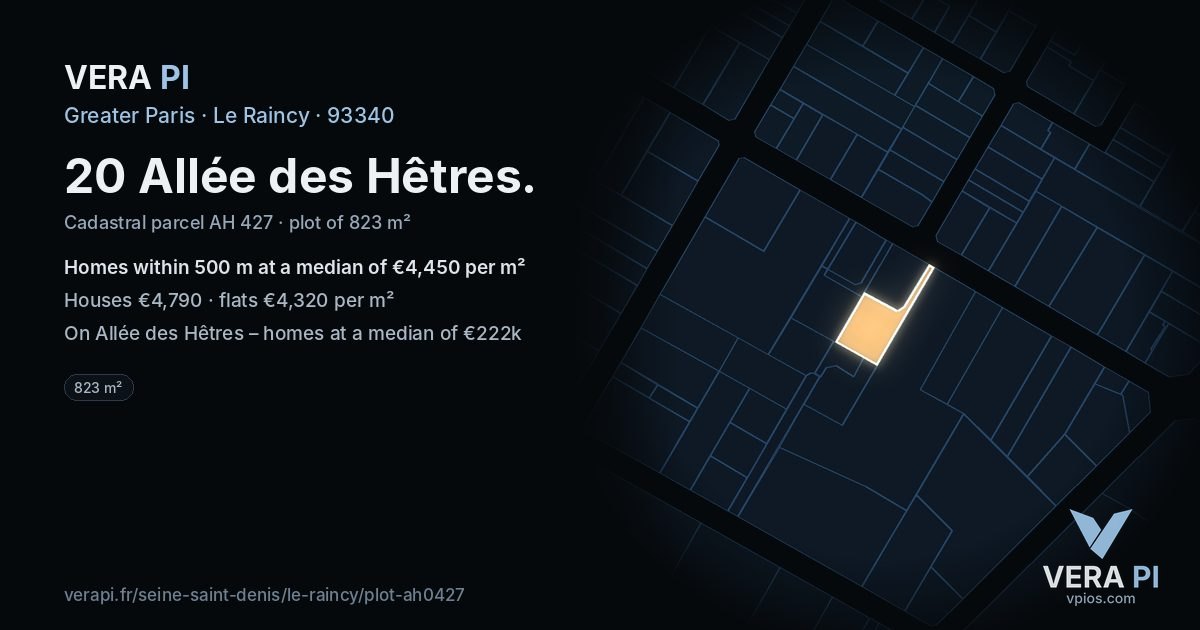 20 Allée des Hêtres, Le Raincy at night – the plot lit, the parcels around coloured by the prices near them