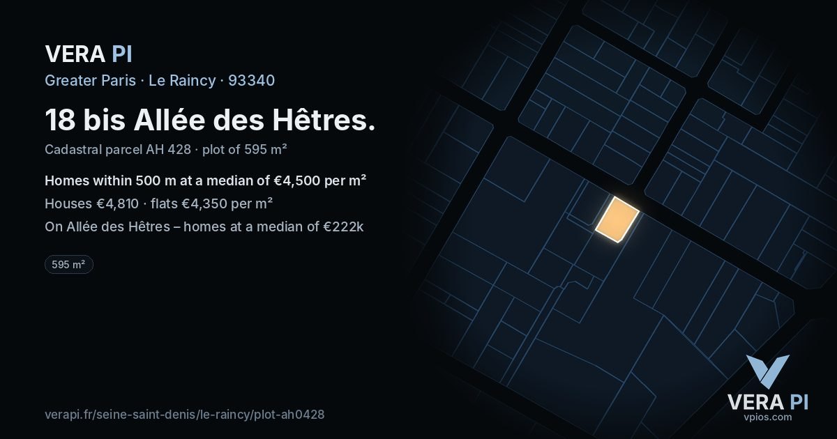 18 bis Allée des Hêtres, Le Raincy at night – the plot lit, the parcels around coloured by the prices near them