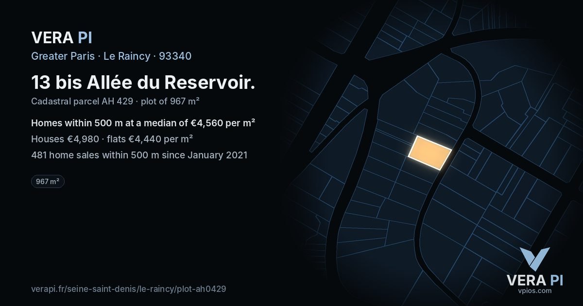13 bis Allée du Reservoir, Le Raincy at night – the plot lit, the parcels around coloured by the prices near them