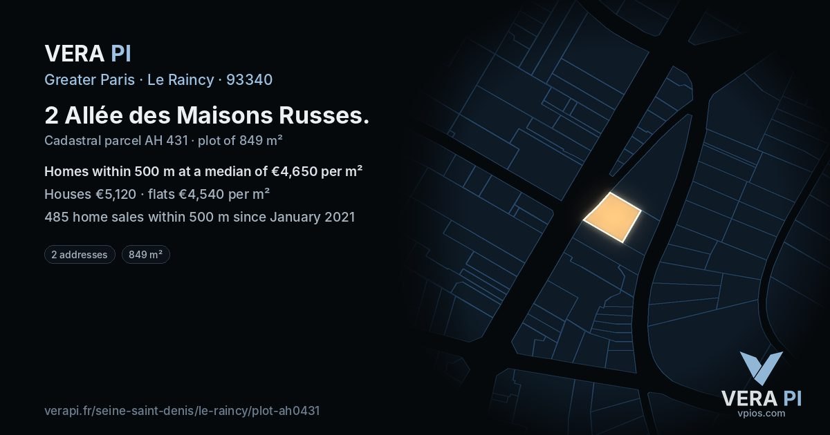 2 Allée des Maisons Russes, Le Raincy at night – the plot lit, the parcels around coloured by the prices near them