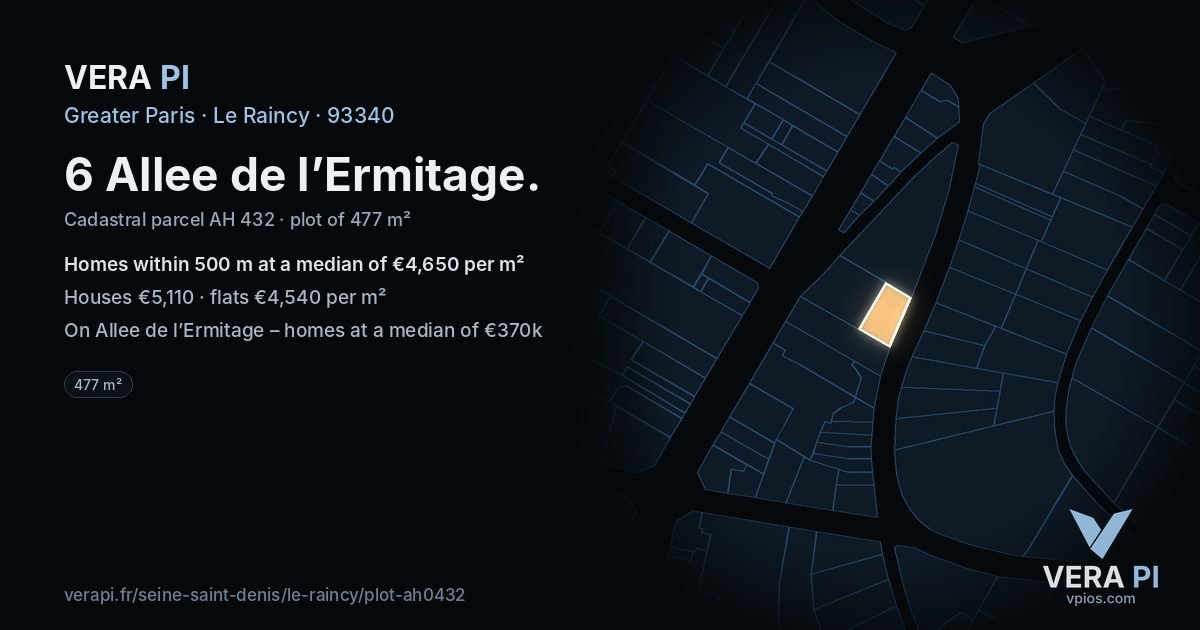 6 Allee de l’Ermitage, Le Raincy at night – the plot lit, the parcels around coloured by the prices near them
