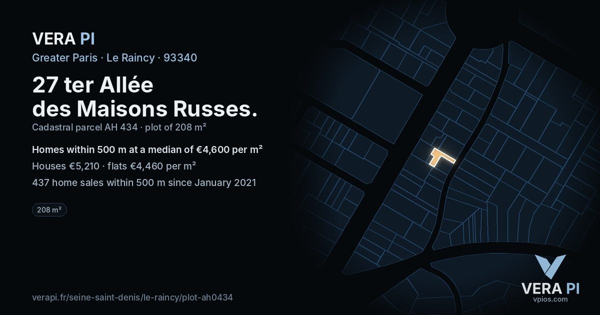 27 ter Allée des Maisons Russes, Le Raincy at night – the plot lit, the parcels around coloured by the prices near them