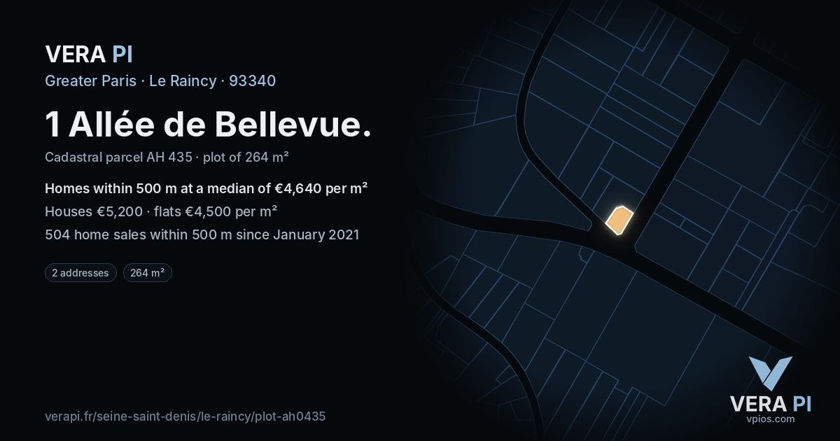 1 Allée de Bellevue, Le Raincy at night – the plot lit, the parcels around coloured by the prices near them