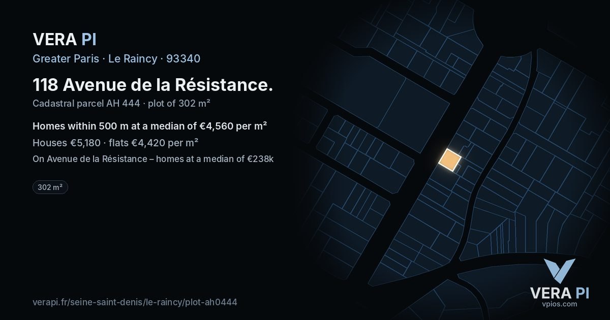 118 Avenue de la Résistance, Le Raincy at night – the plot lit, the parcels around coloured by the prices near them