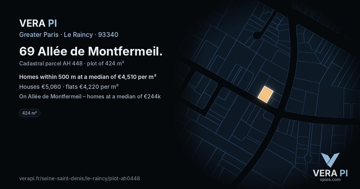 69 Allée de Montfermeil, Le Raincy at night – the plot lit, the parcels around coloured by the prices near them