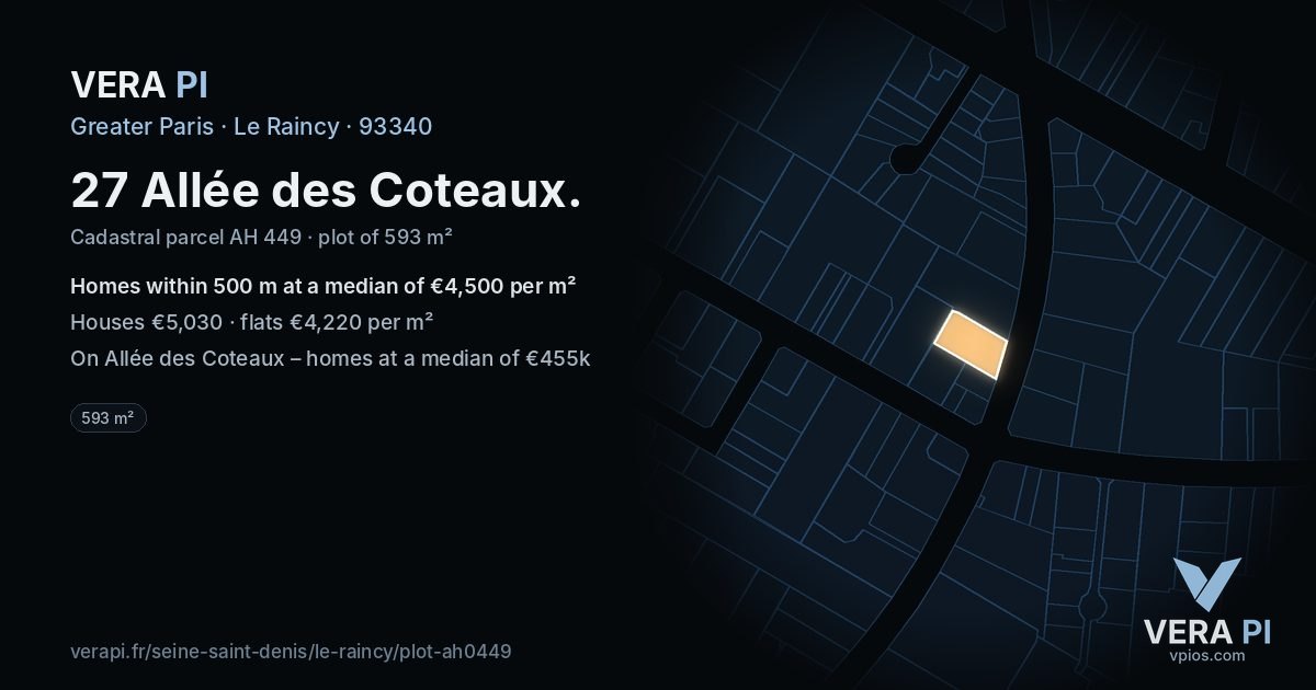 27 Allée des Coteaux, Le Raincy at night – the plot lit, the parcels around coloured by the prices near them