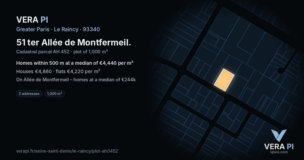 51 ter Allée de Montfermeil, Le Raincy at night – the plot lit, the parcels around coloured by the prices near them
