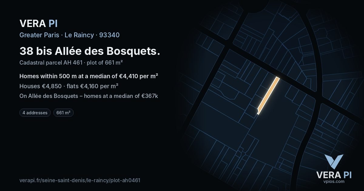 38 bis Allée des Bosquets, Le Raincy at night – the plot lit, the parcels around coloured by the prices near them