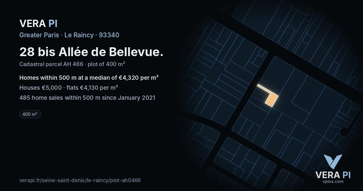 28 bis Allée de Bellevue, Le Raincy at night – the plot lit, the parcels around coloured by the prices near them