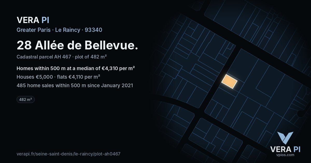 28 Allée de Bellevue, Le Raincy at night – the plot lit, the parcels around coloured by the prices near them