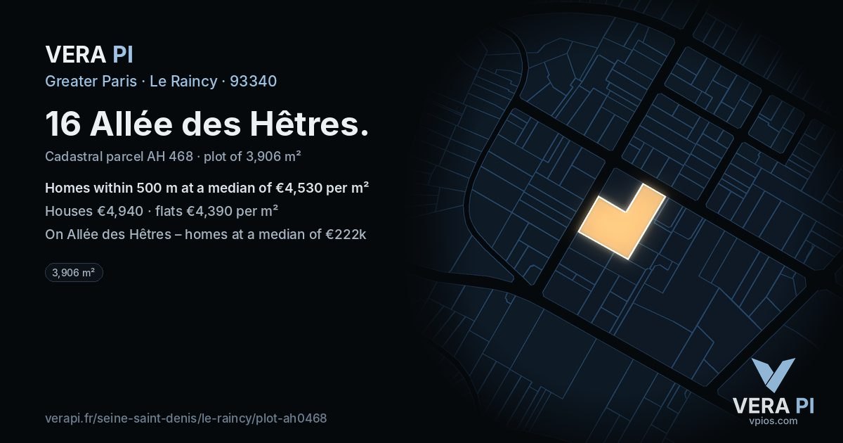 16 Allée des Hêtres, Le Raincy at night – the plot lit, the parcels around coloured by the prices near them