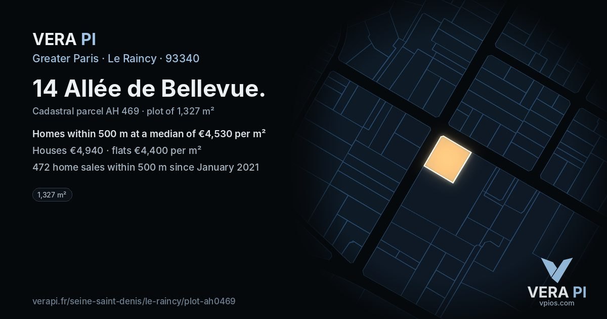 14 Allée de Bellevue, Le Raincy at night – the plot lit, the parcels around coloured by the prices near them