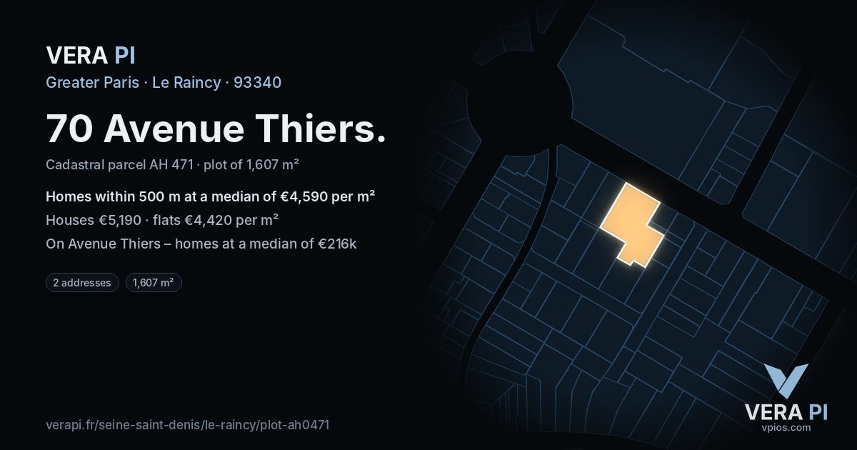 70 Avenue Thiers, Le Raincy at night – the plot lit, the parcels around coloured by the prices near them