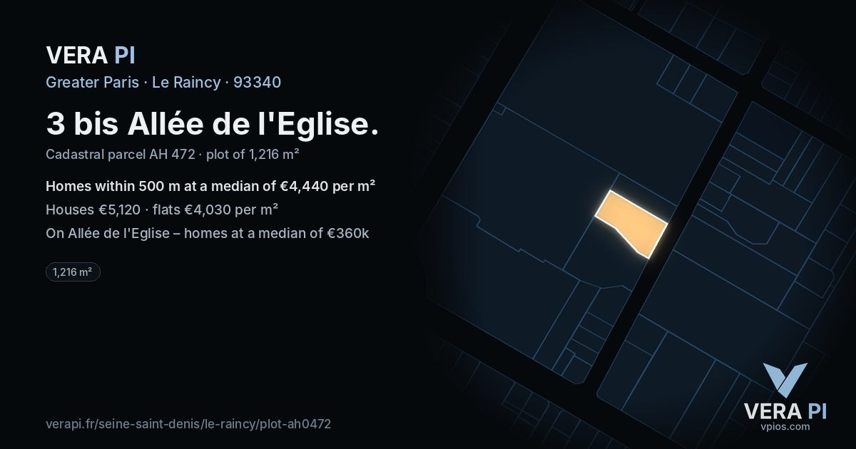 3 bis Allée de l'Eglise, Le Raincy at night – the plot lit, the parcels around coloured by the prices near them
