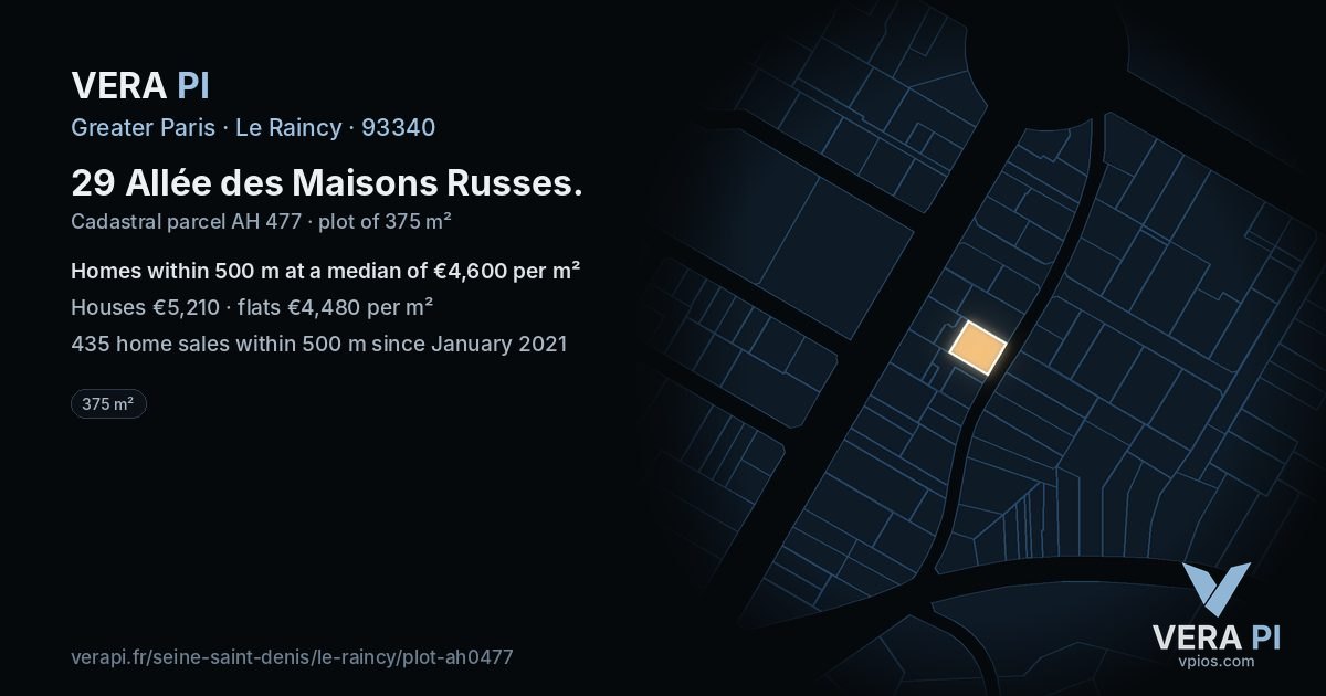 29 Allée des Maisons Russes, Le Raincy at night – the plot lit, the parcels around coloured by the prices near them