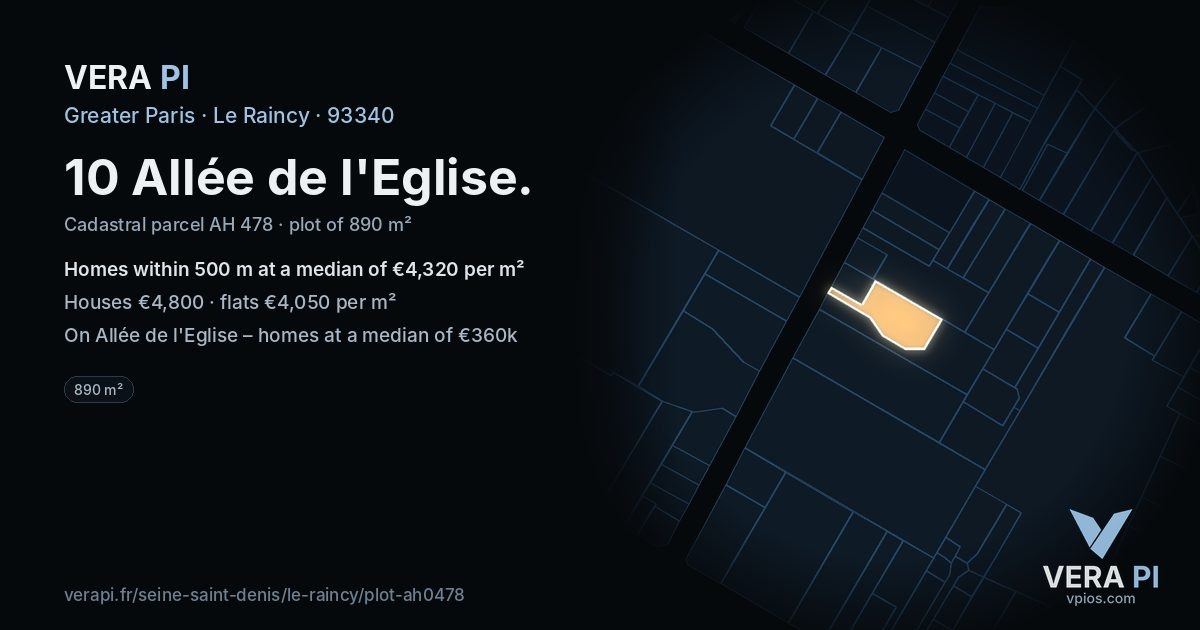 10 Allée de l'Eglise, Le Raincy at night – the plot lit, the parcels around coloured by the prices near them