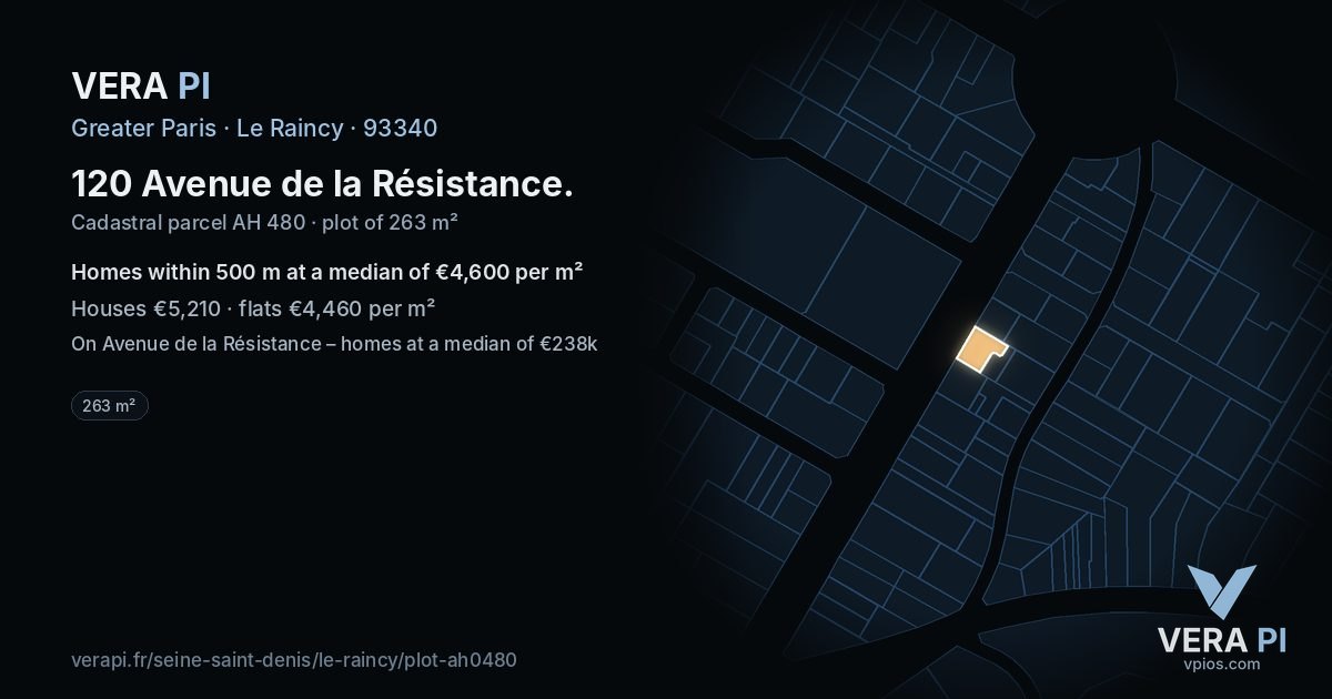 120 Avenue de la Résistance, Le Raincy at night – the plot lit, the parcels around coloured by the prices near them